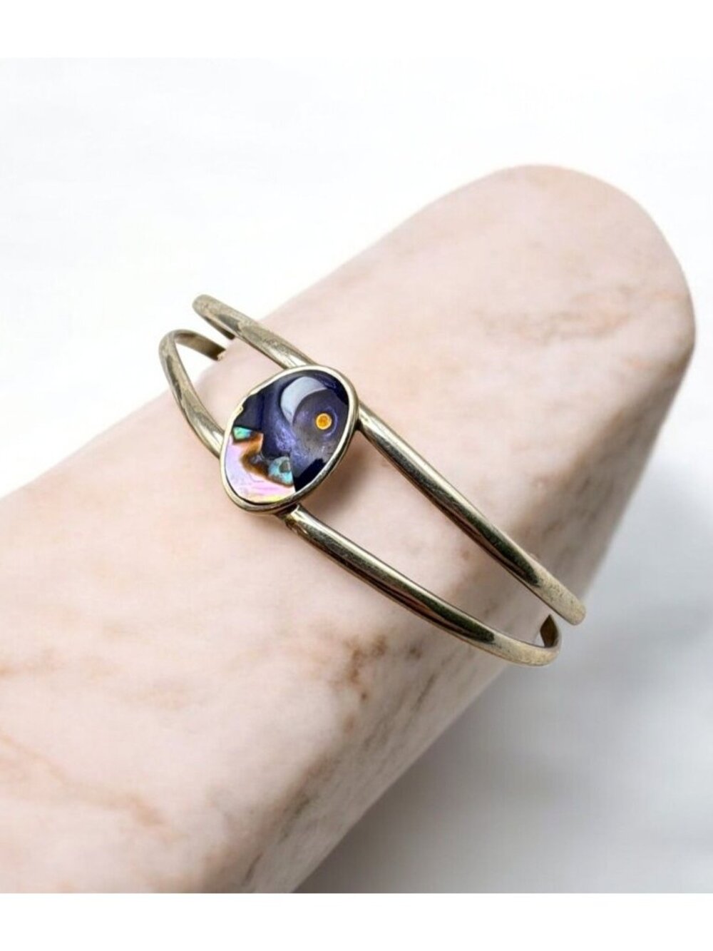 Moon over Mountains Abalone Inlay Cuff Bracelet with Silver Tone Double Band